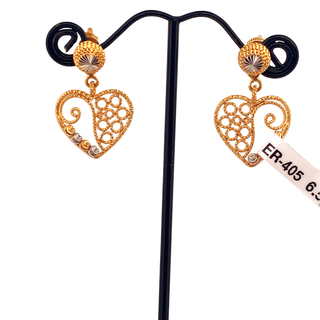 22K Gold Two-tone Heart Designer Hanging Earrings