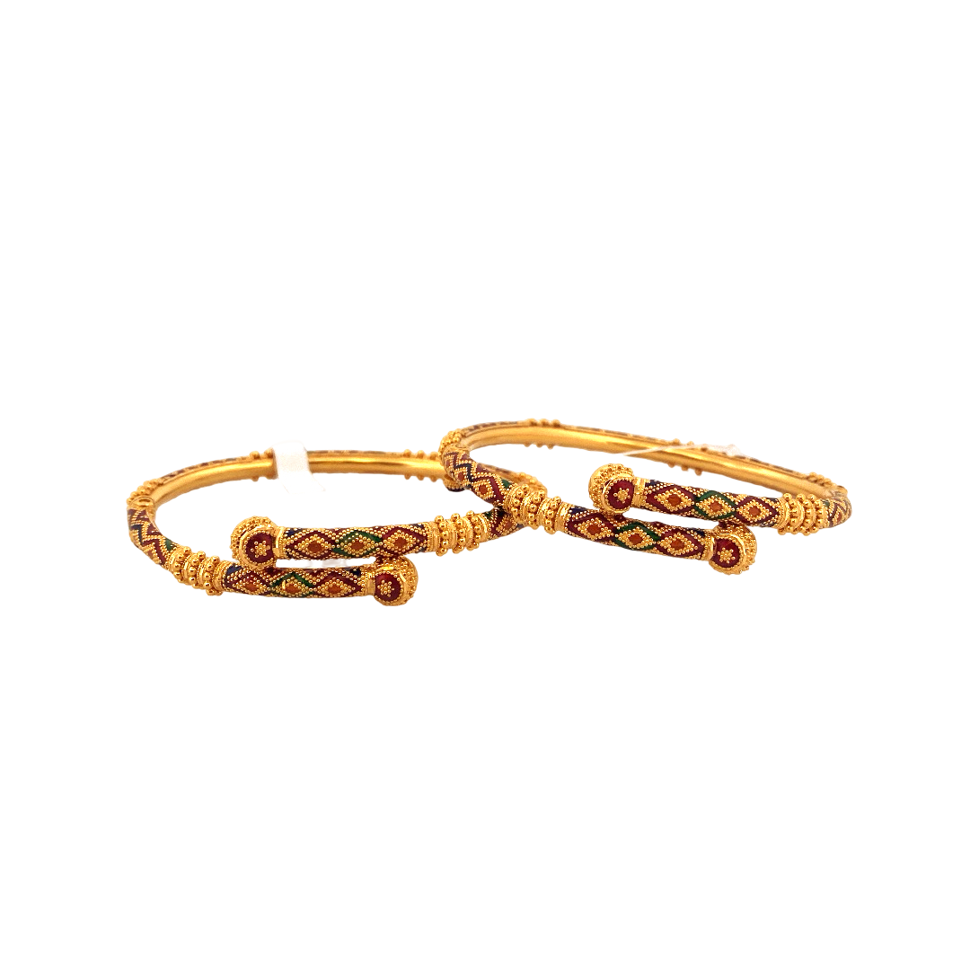 22K Gold Meena Designer 2 Pieces Set Of Ladies Screw Bangles