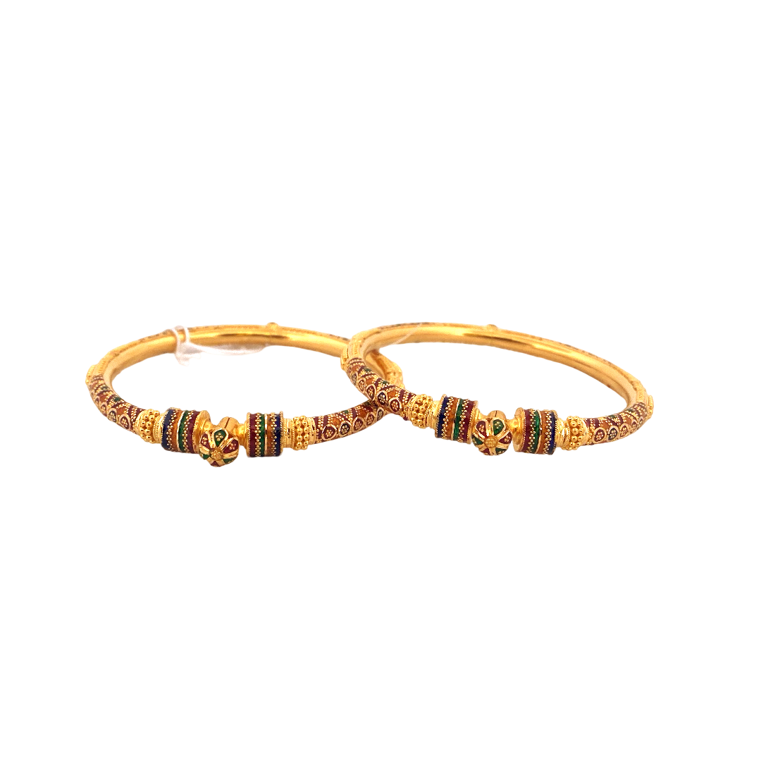 22K Gold Meena Designer 2 Pieces Set Of Ladies Screw Bangles