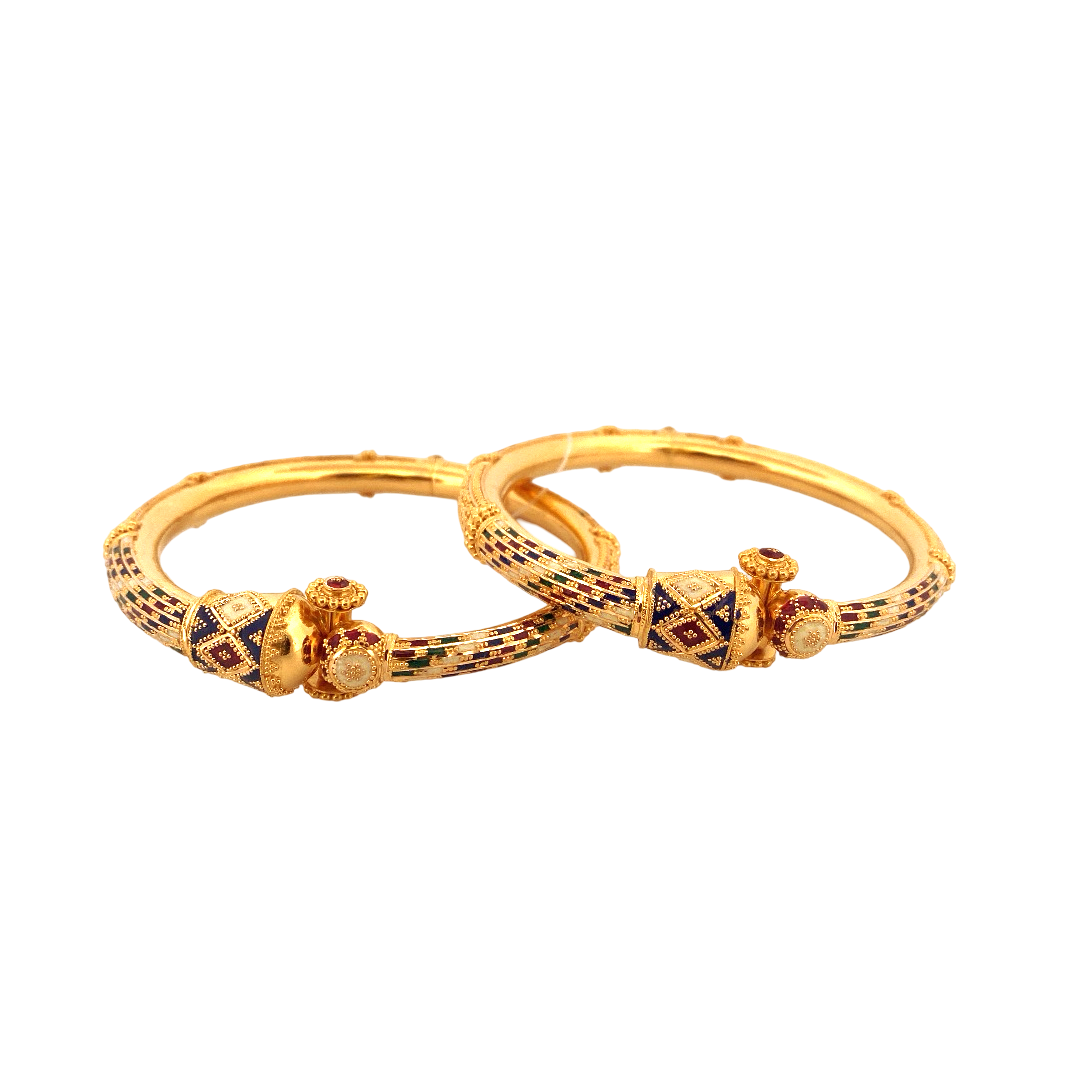 22K Gold Meena Designer 2 Pieces Set Of Ladies Screw Bangles