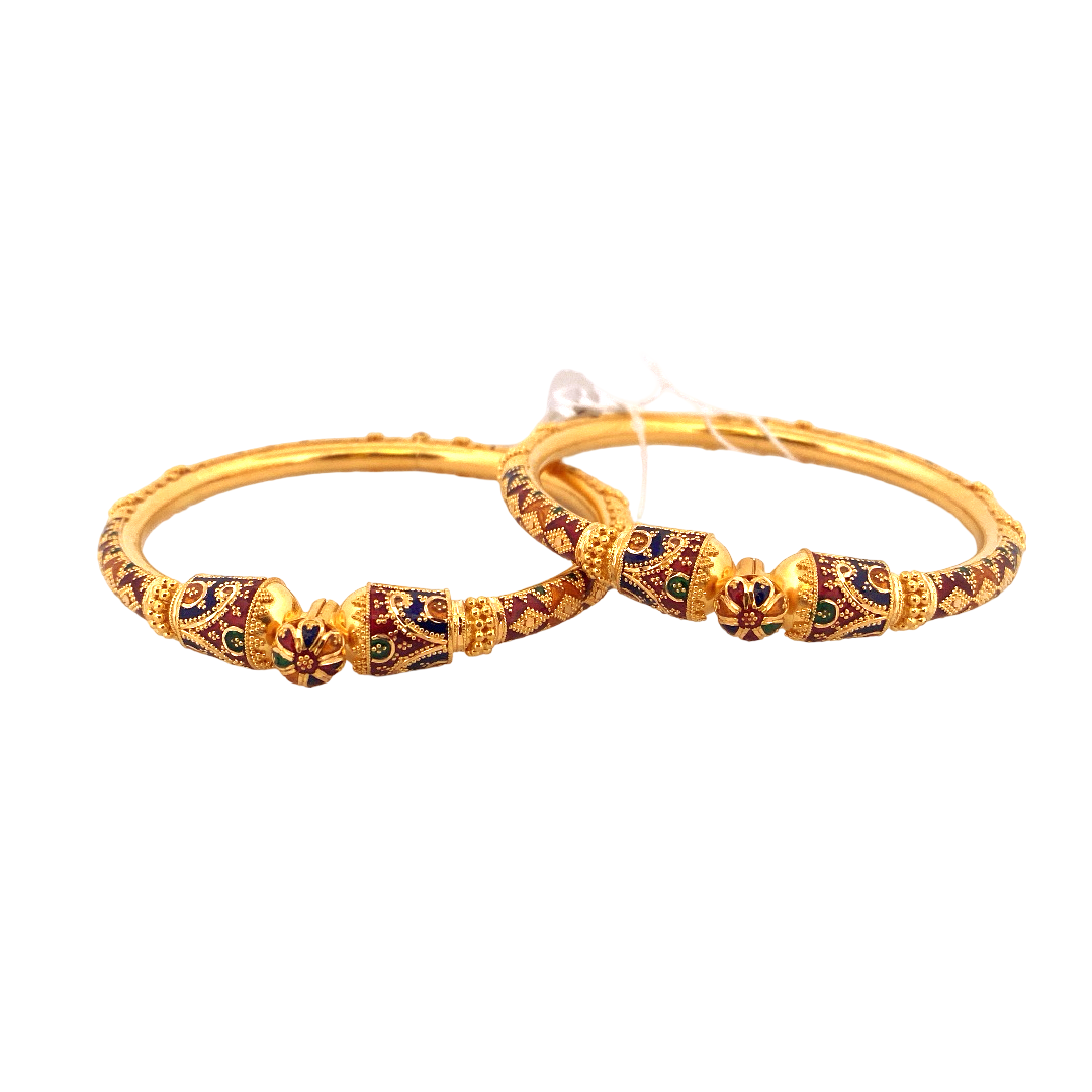 22K Gold Meena Designer 2 Pieces Set Of Ladies Screw Bangles