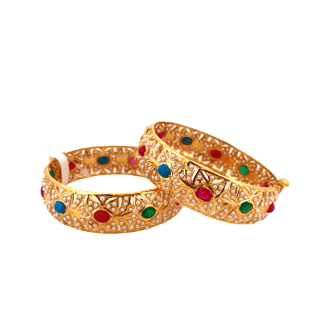 22K Gold Multi-colour Jadau Designer 2 Pieces Set of Ladies Screw Bangles