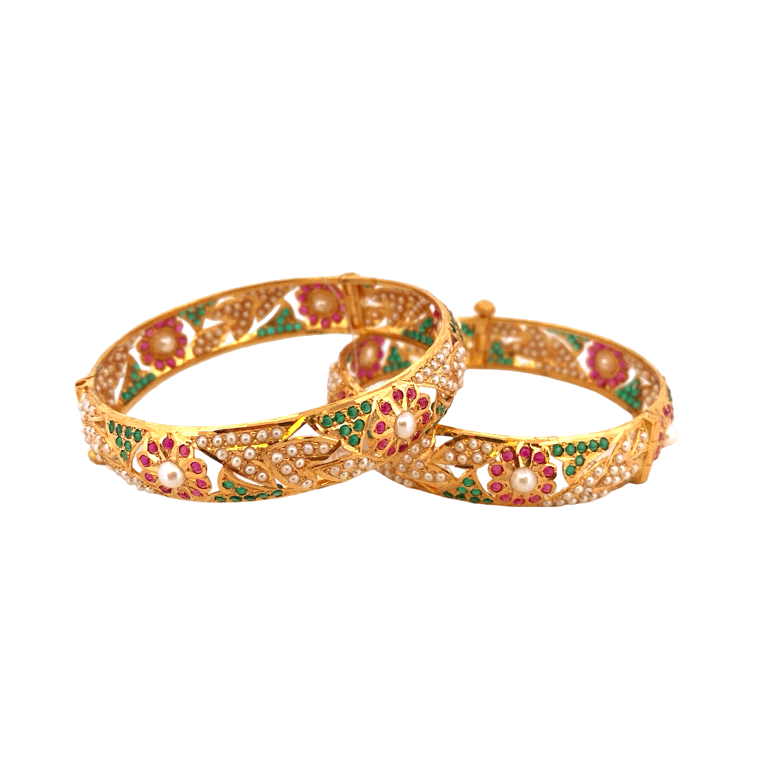 22K Gold Multi-colour Jadau Designer 2 Pieces Set of Ladies Screw Bangles