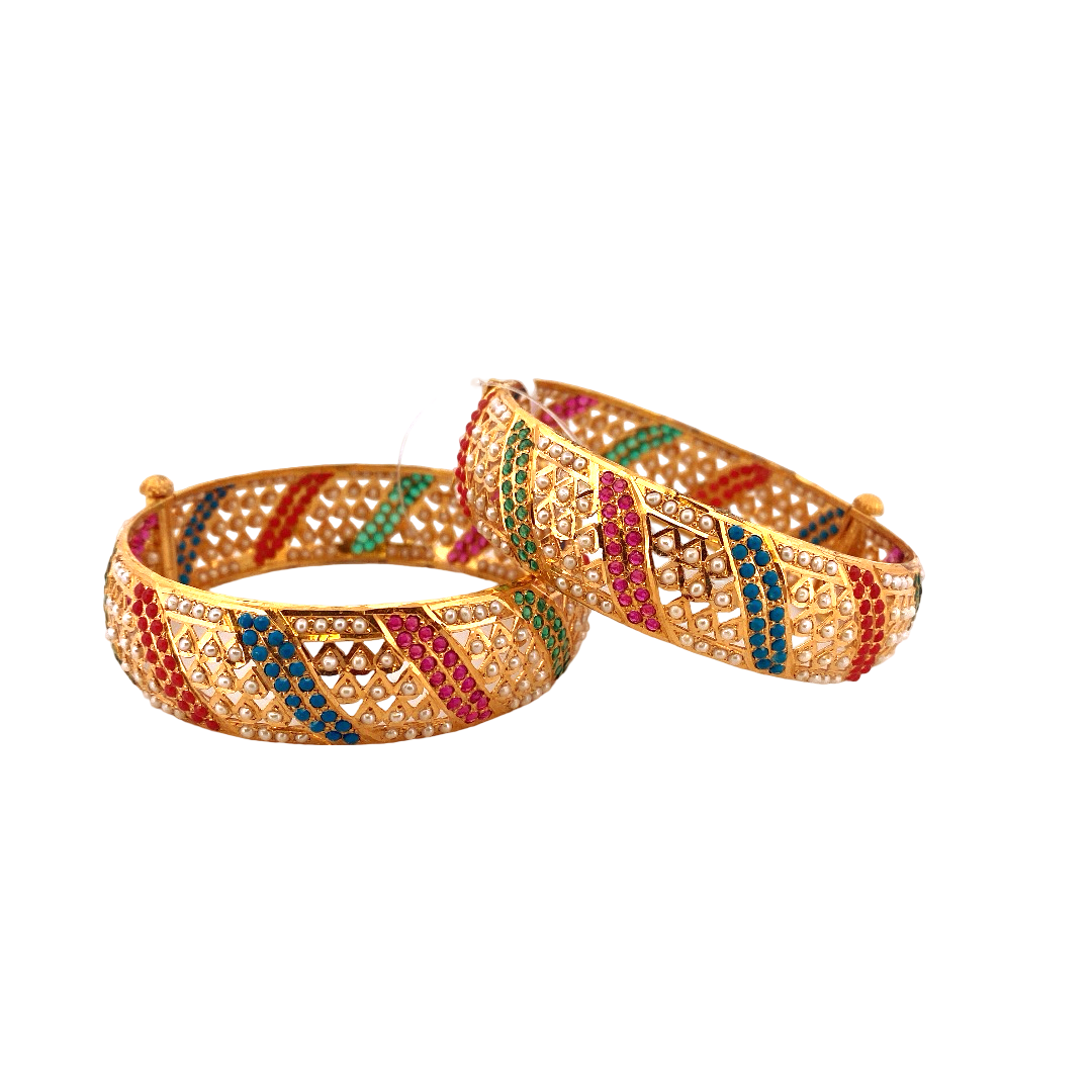 22K Gold Multi-colour Jadau Designer 2 Pieces Set of Ladies Screw Bangles