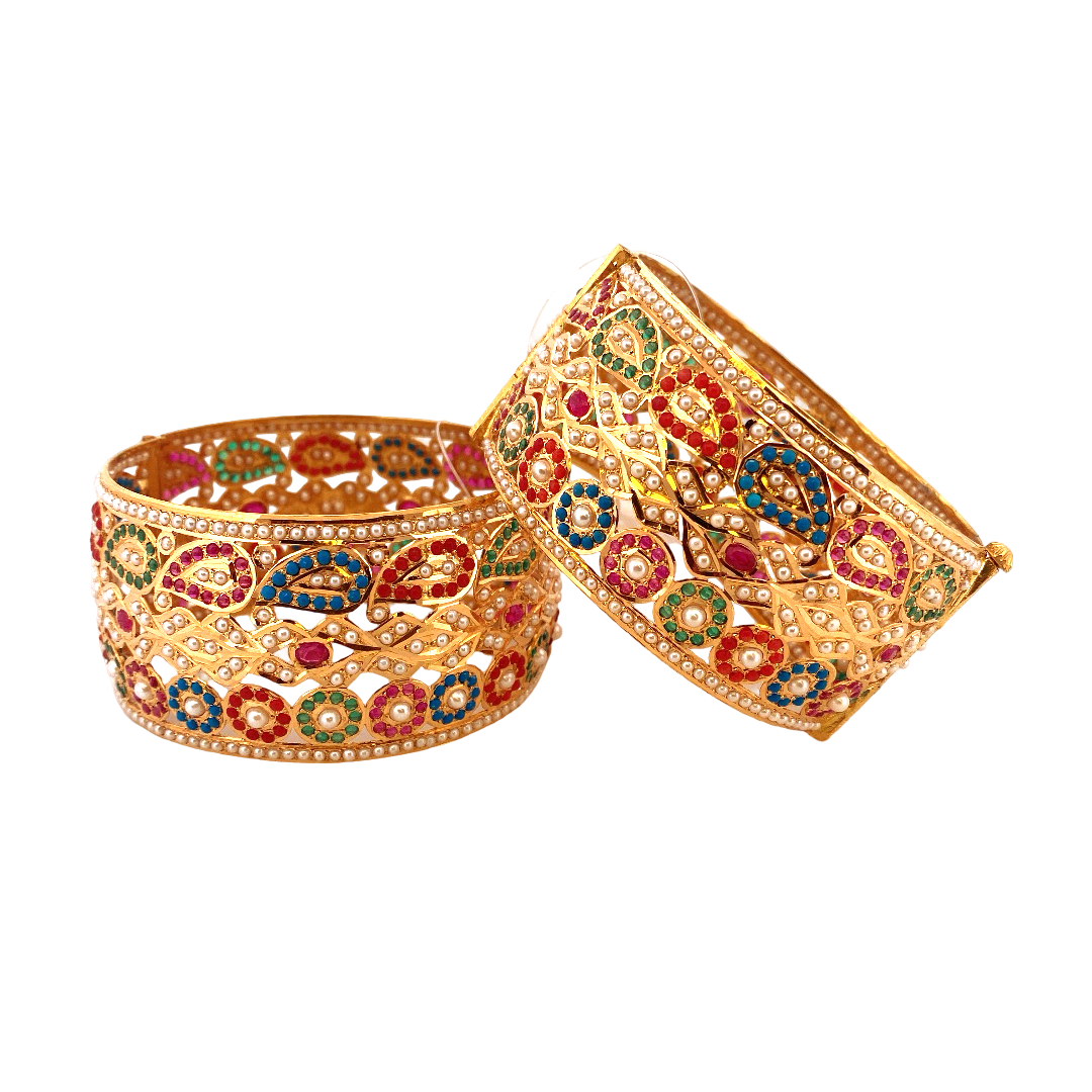 22K Gold Multi-colour Jadau Designer 2 Pieces Set of Ladies Screw Bangles