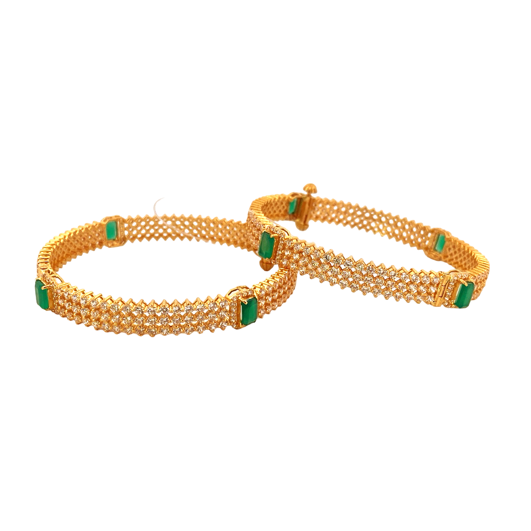 22K Gold Emerald CZ Designer 2 Pieces Set of Screw Bangles