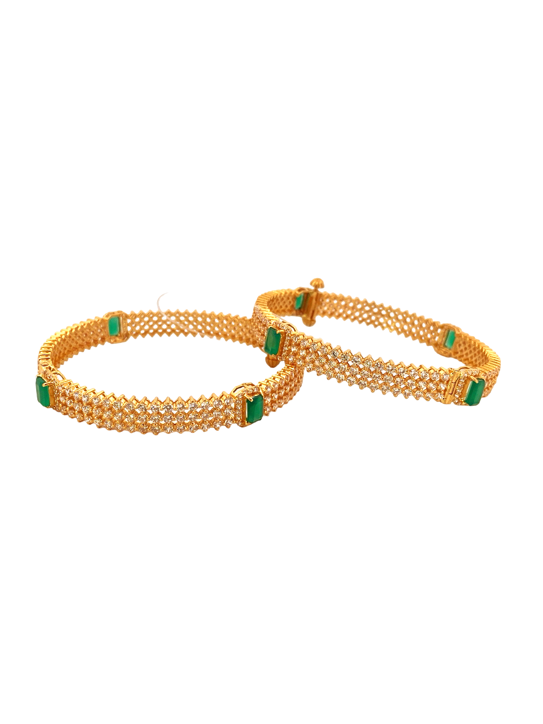 22K Gold Emerald CZ Designer 2 Pieces Set of Screw Bangles