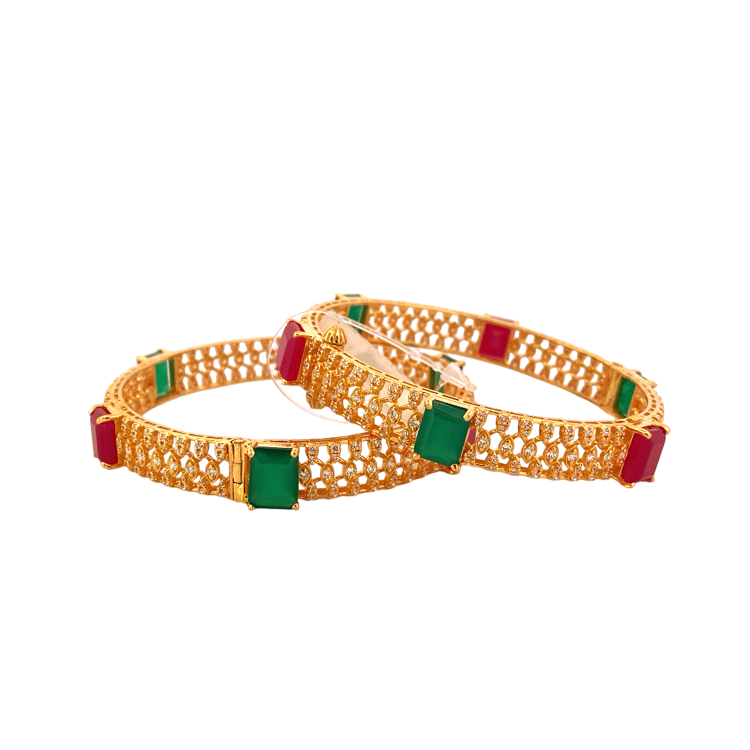 22K Gold Ruby Emerald Designer 2 Pieces Set of Screw Bangles