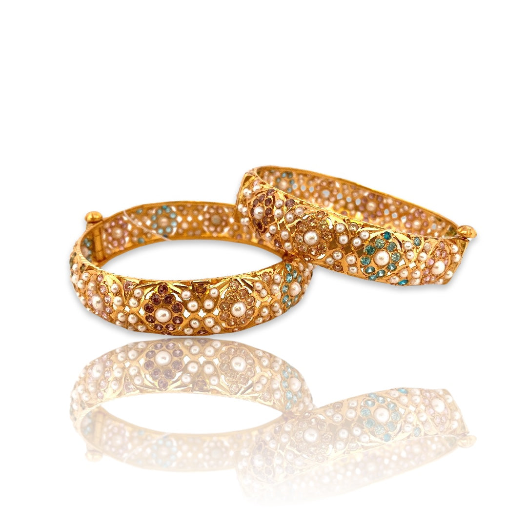 22K Gold Multi-colour Jadau 2 Pieces Ladies Screw Bangles Set