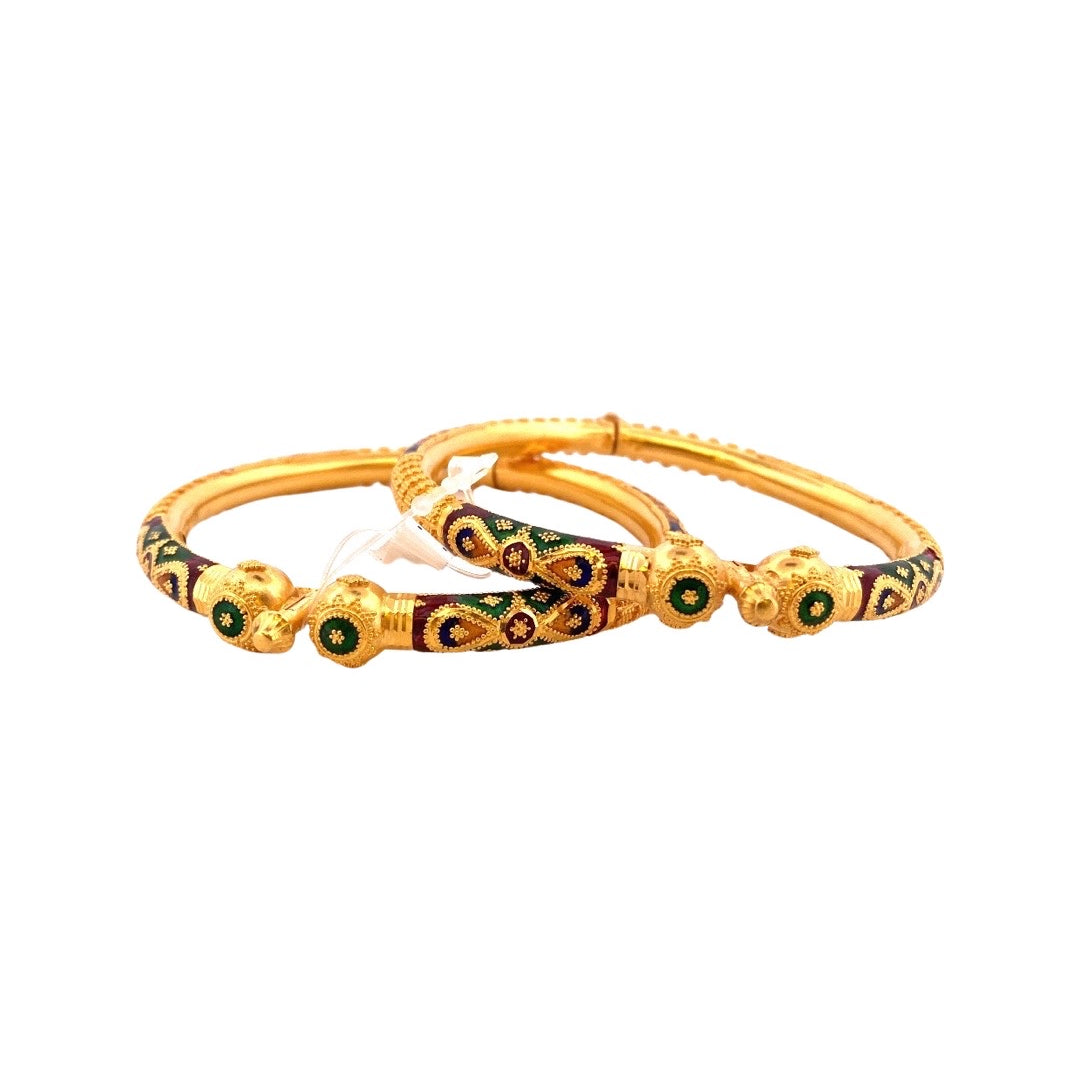 22K Gold Fashionable Meena 2 Pieces Set Of Ladies Screw Bangles