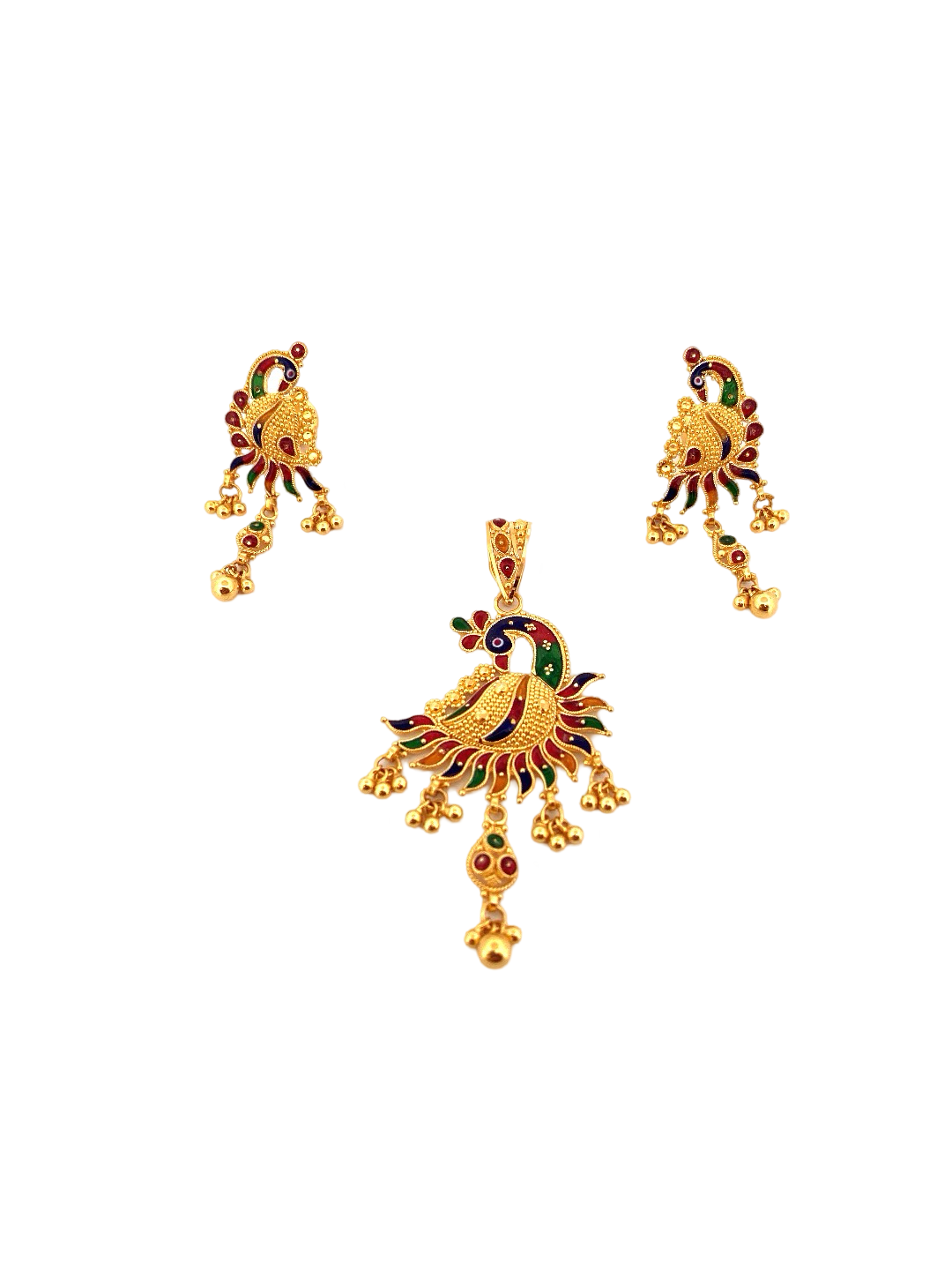 22K Gold Meena Peacock Designer Pendant Set