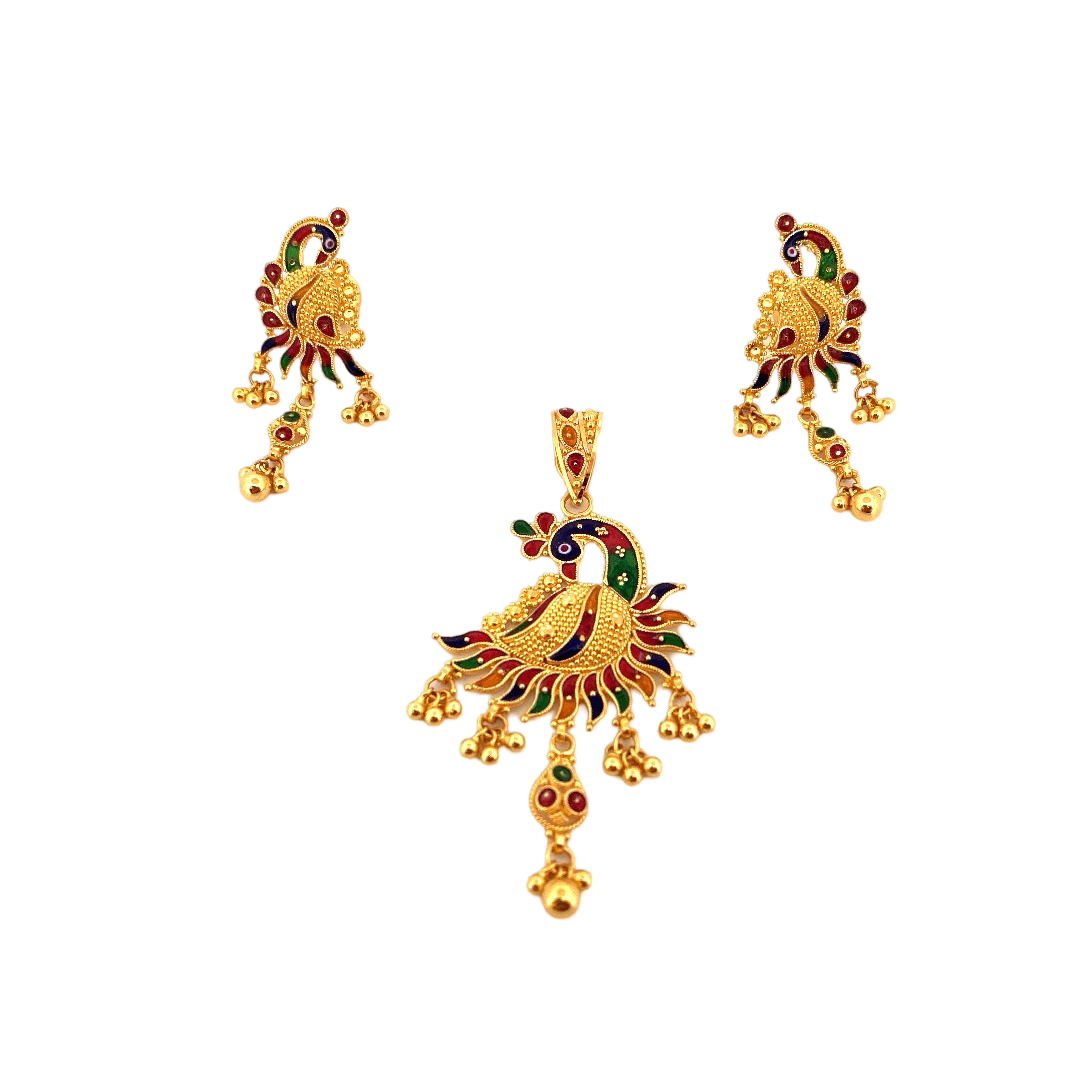 22K Gold Meena Peacock Designer Pendant Set